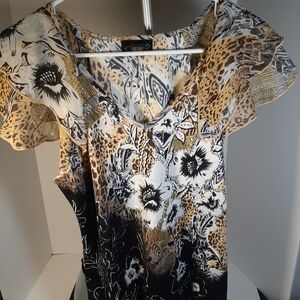Lola P Women's Top L Floral Leopard Wild Chic Embellished Flutter Sleeve